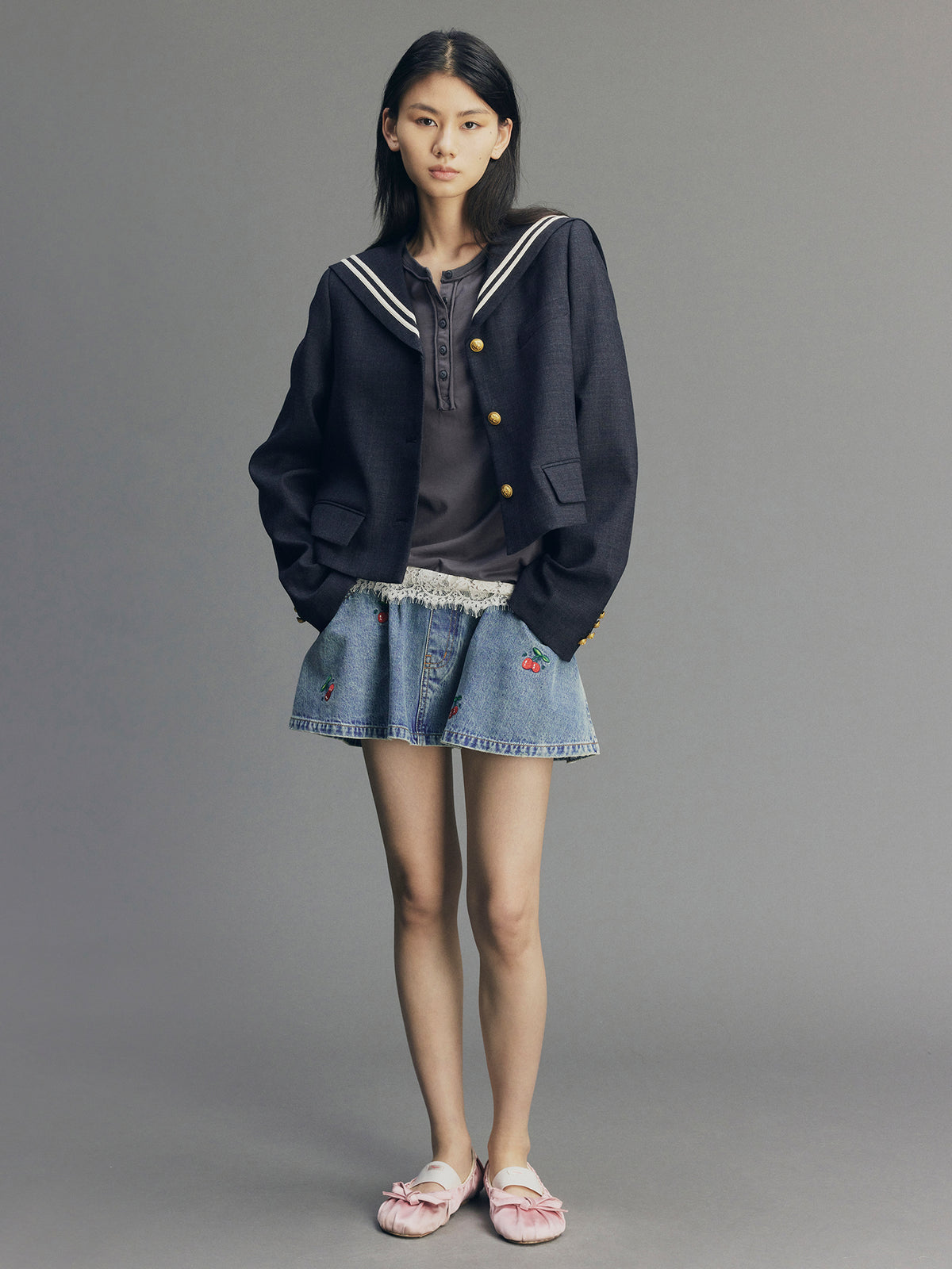 Cherry Wave Hem Denim Skirt