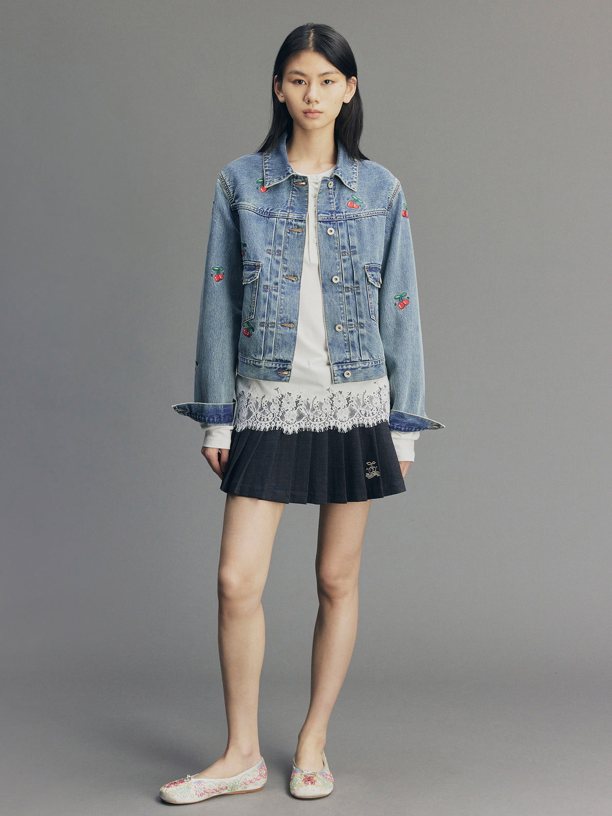 Sporty Cherry Embroidered Denim Jacket