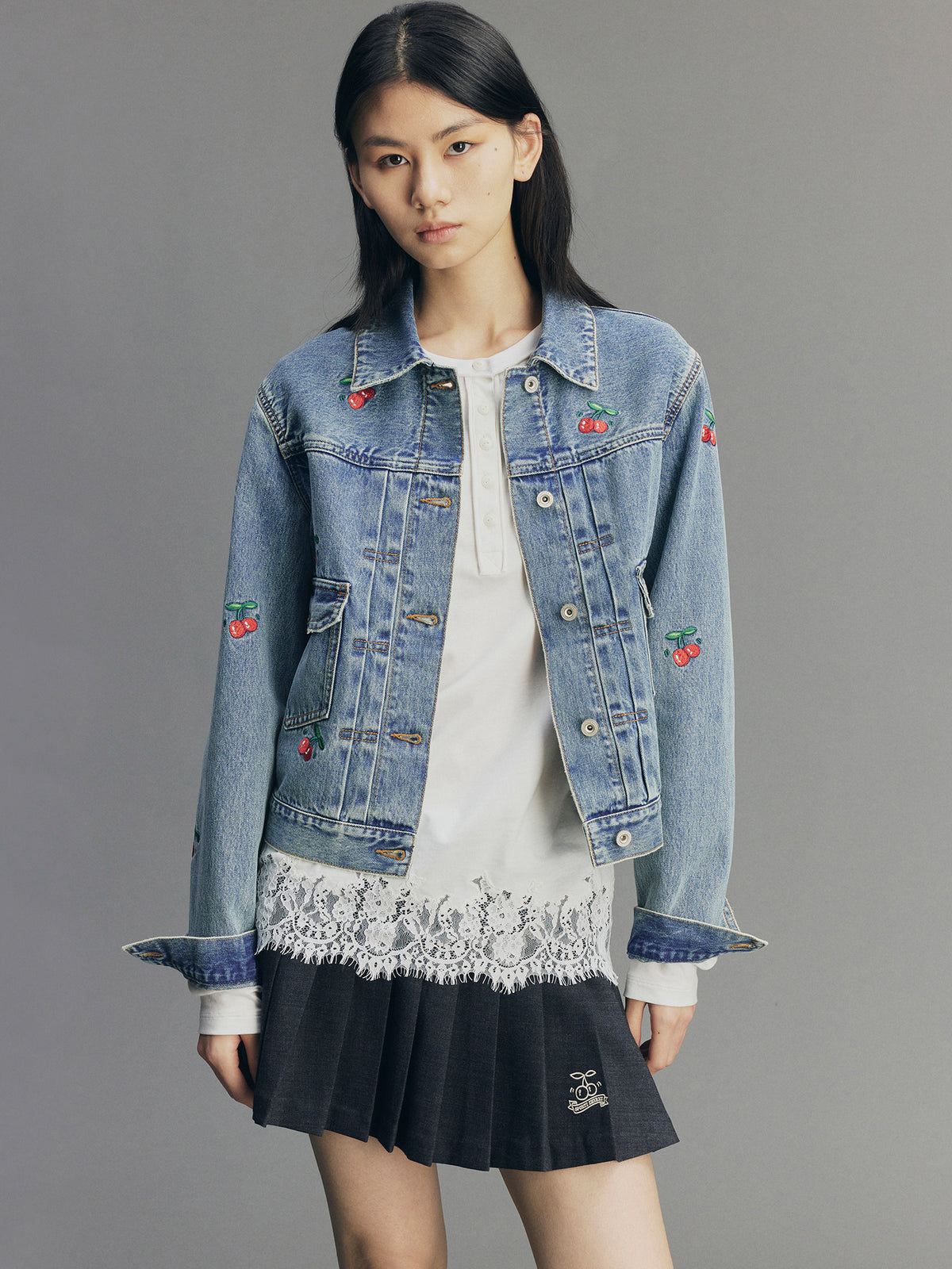 Sporty Cherry Embroidered Denim Jacket