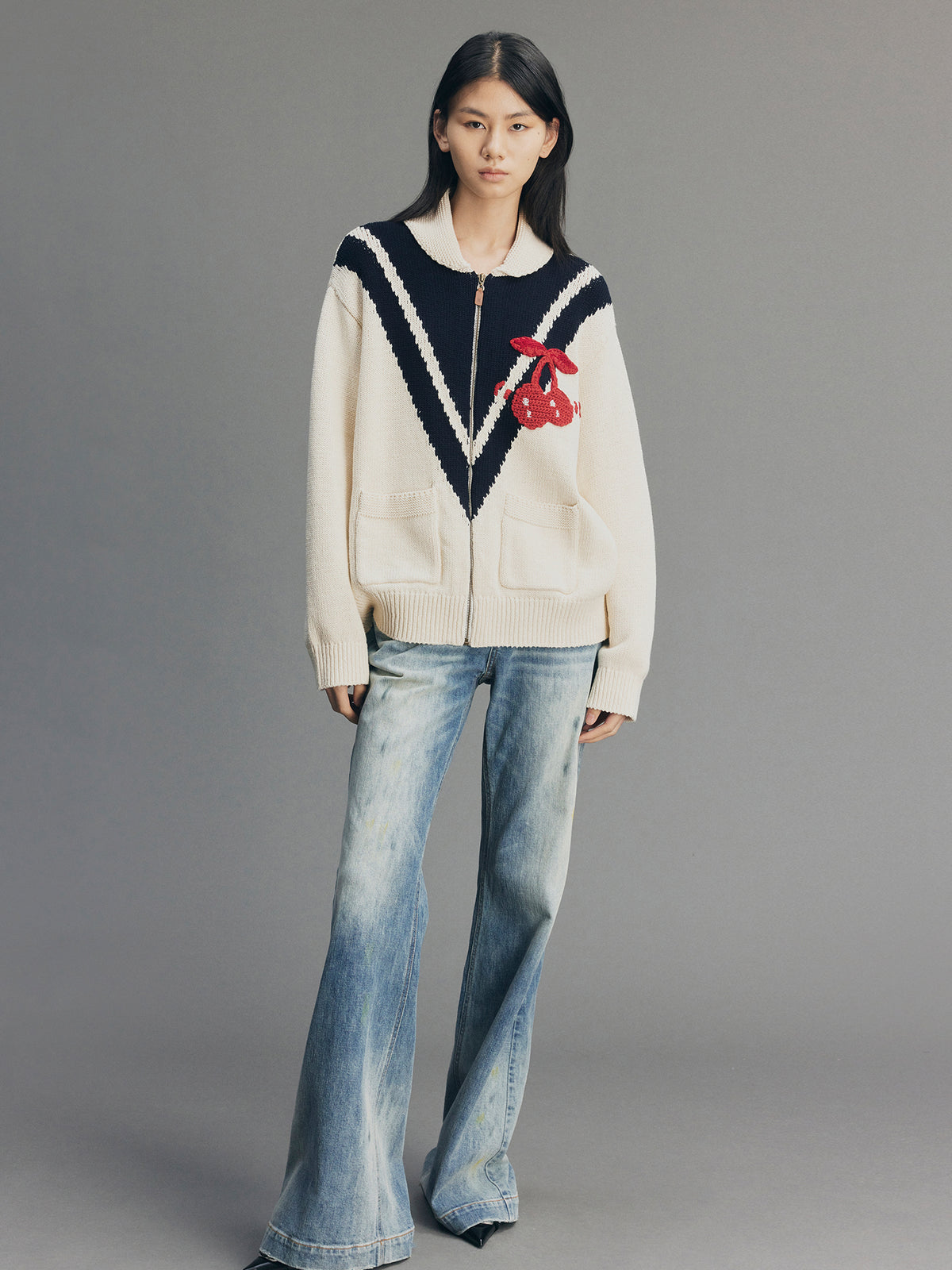 Handcrafted Sporty Cherry Sleigh-Collar Cardigan