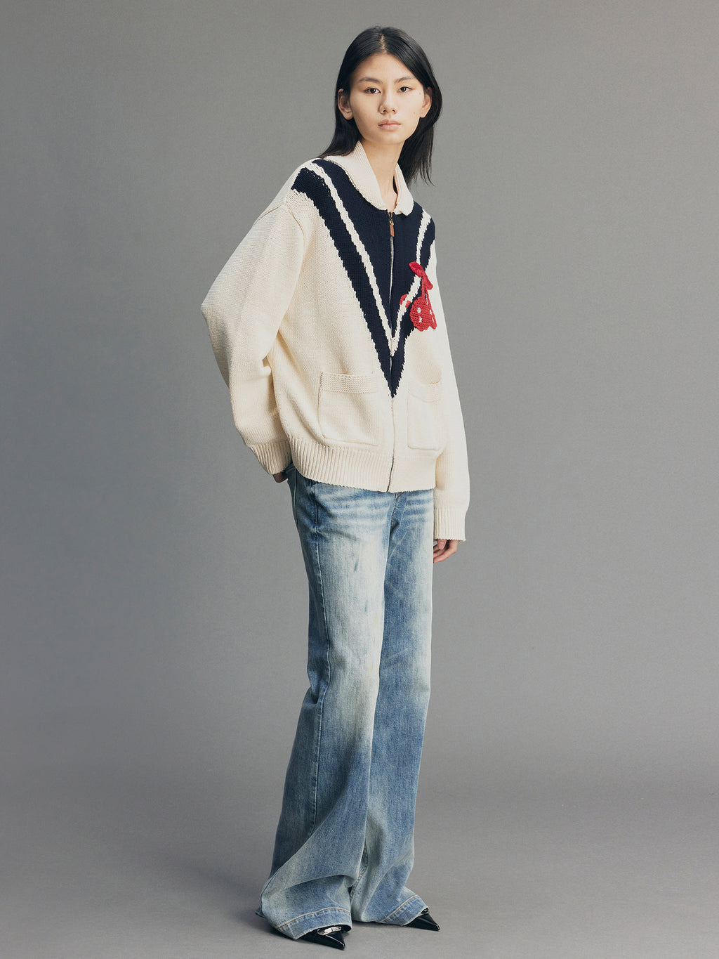 Handcrafted Sporty Cherry Sleigh-Collar Cardigan