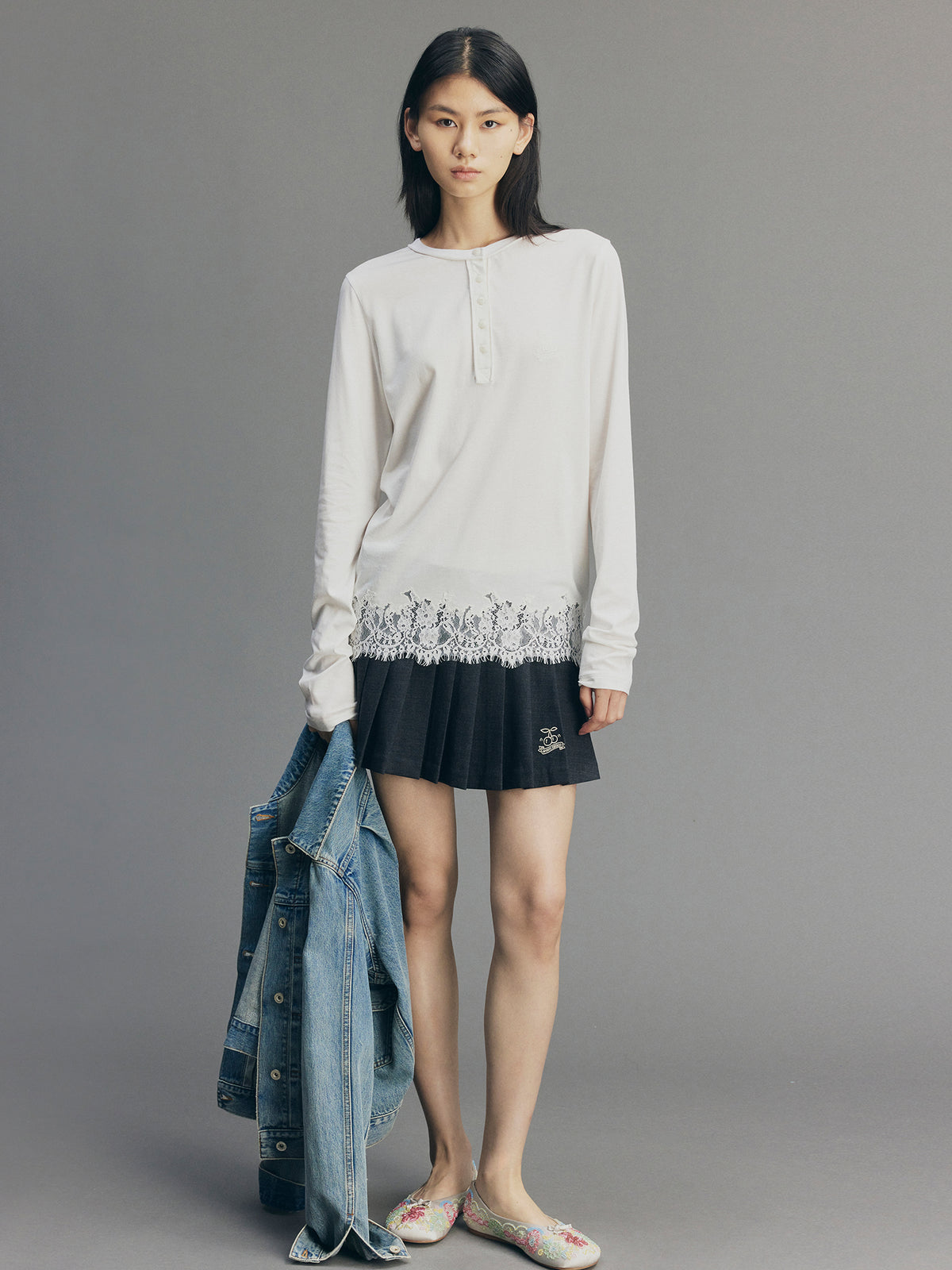 Sporty Cherry Embroidered Henley-Neck Sweatshirt