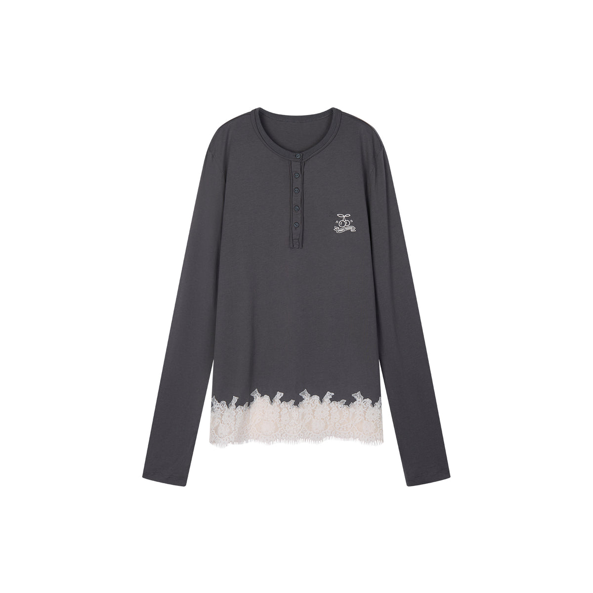 Sporty Cherry Embroidered Henley-Neck Sweatshirt