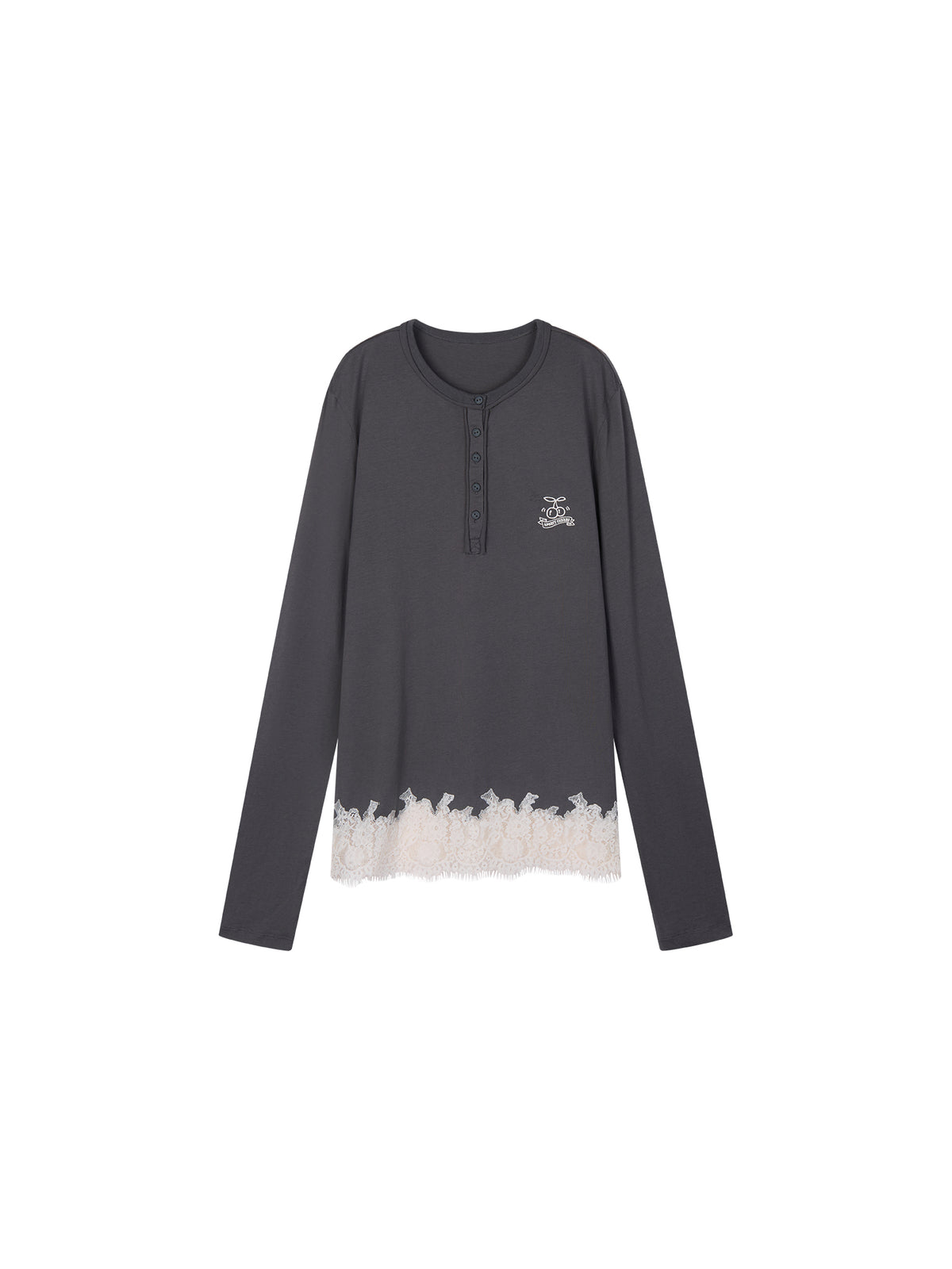 Sporty Cherry Embroidered Henley-Neck Sweatshirt