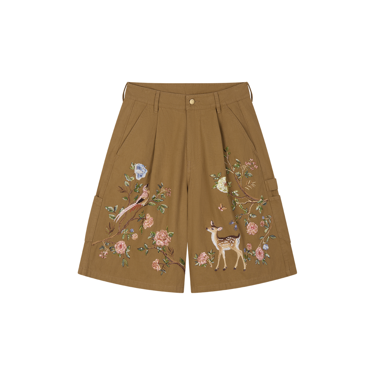 Beaded Floral Deer Embroidered Utility Shorts