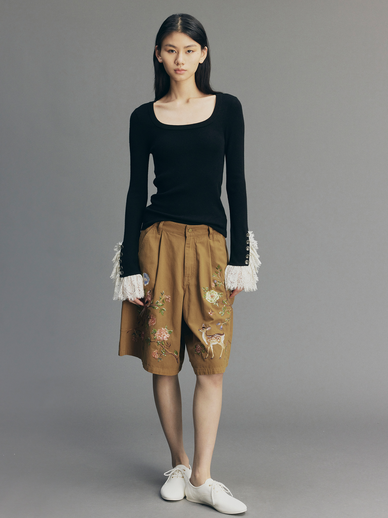 Beaded Floral Deer Embroidered Utility Shorts