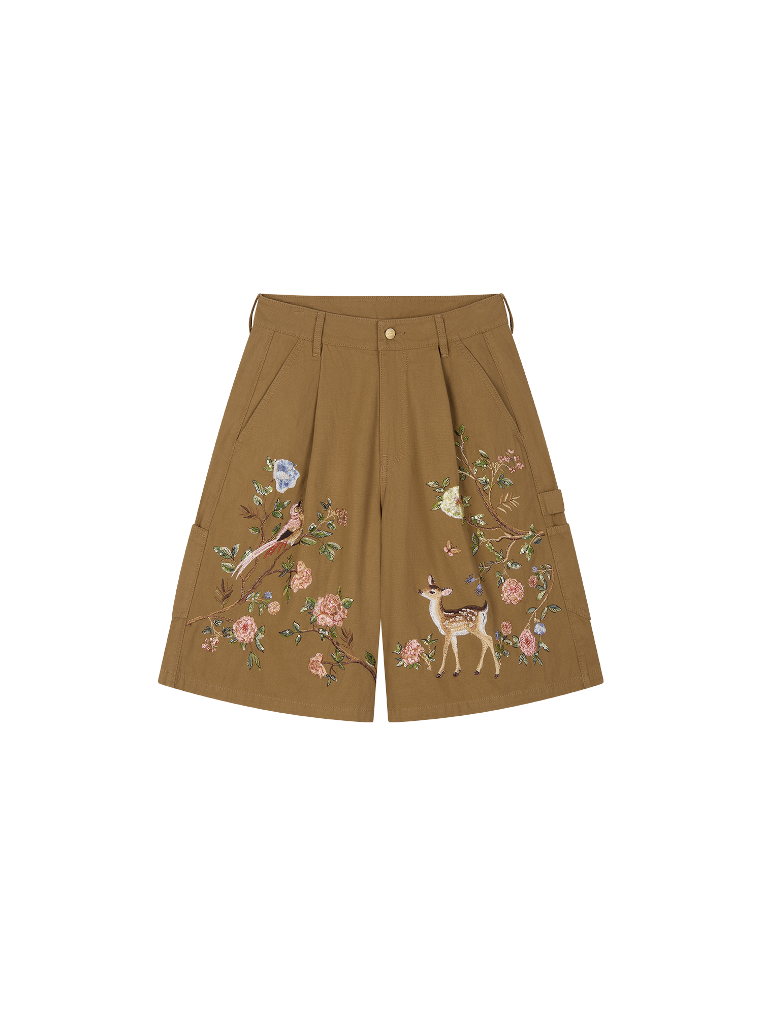 Beaded Floral Deer Embroidered Utility Shorts