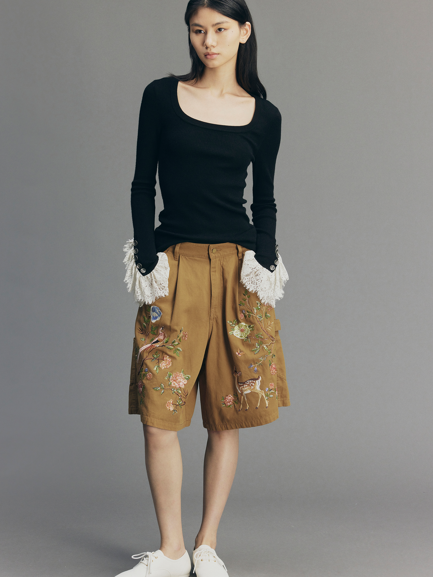 Beaded Floral Deer Embroidered Utility Shorts