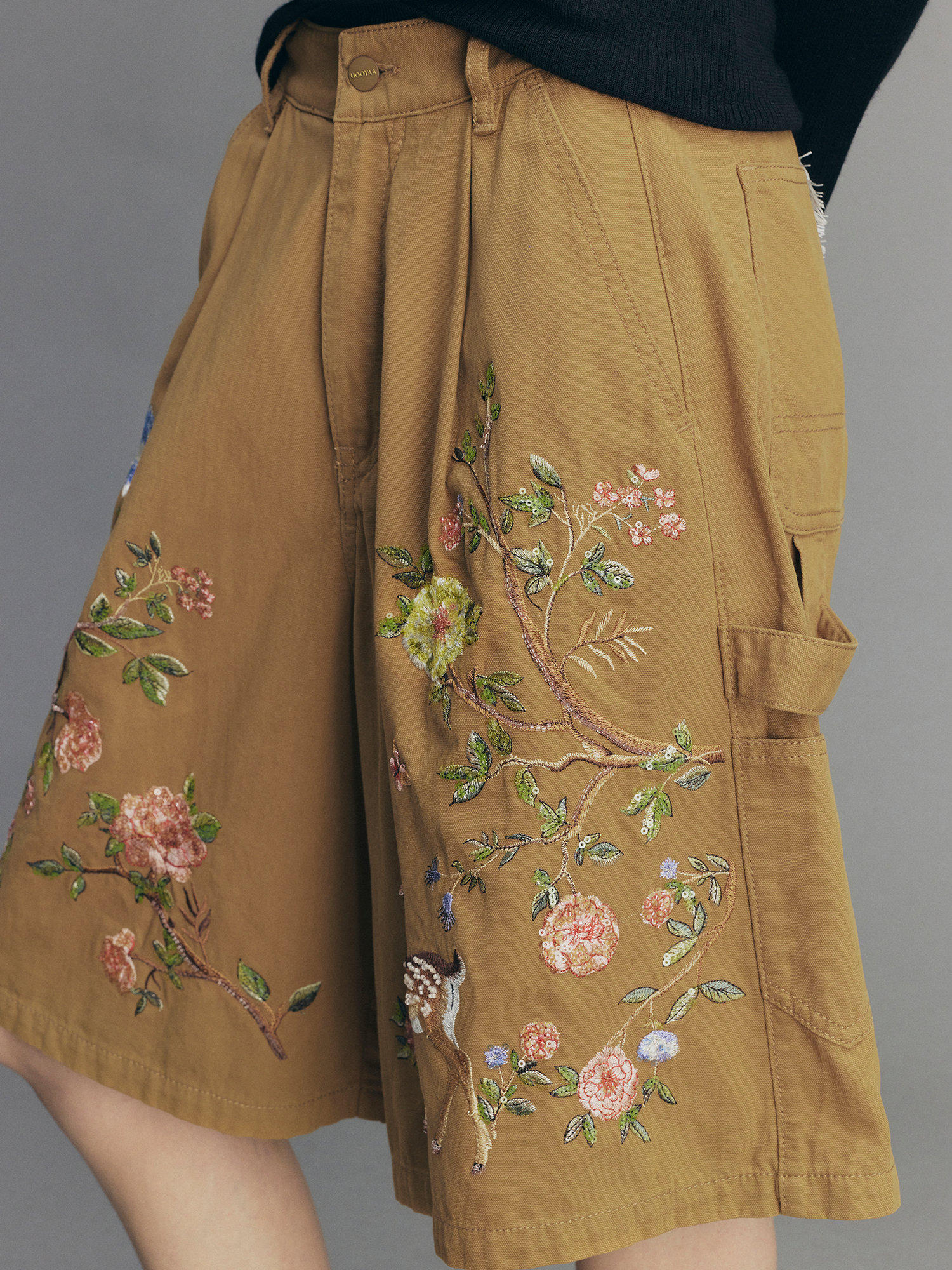 Beaded Floral Deer Embroidered Utility Shorts