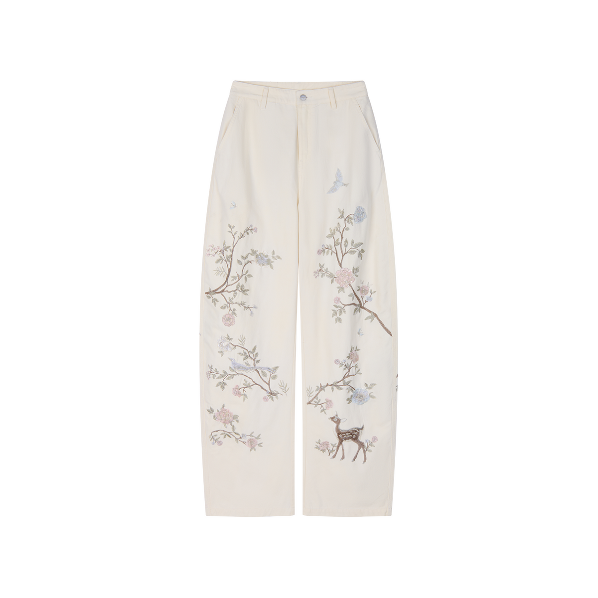 Beaded Floral Deer Washed Utility Jeans