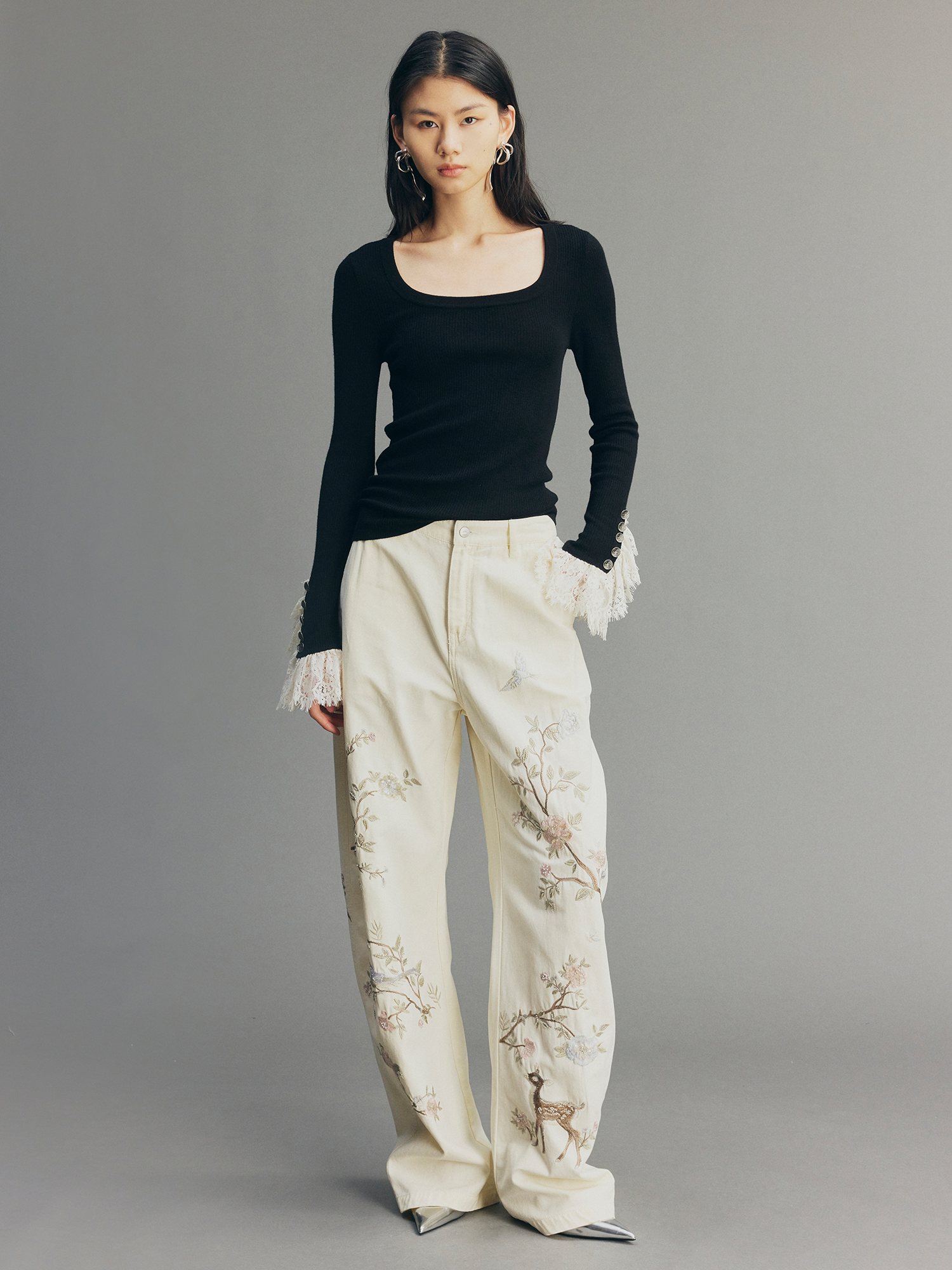 Beaded Floral Deer Washed Utility Jeans