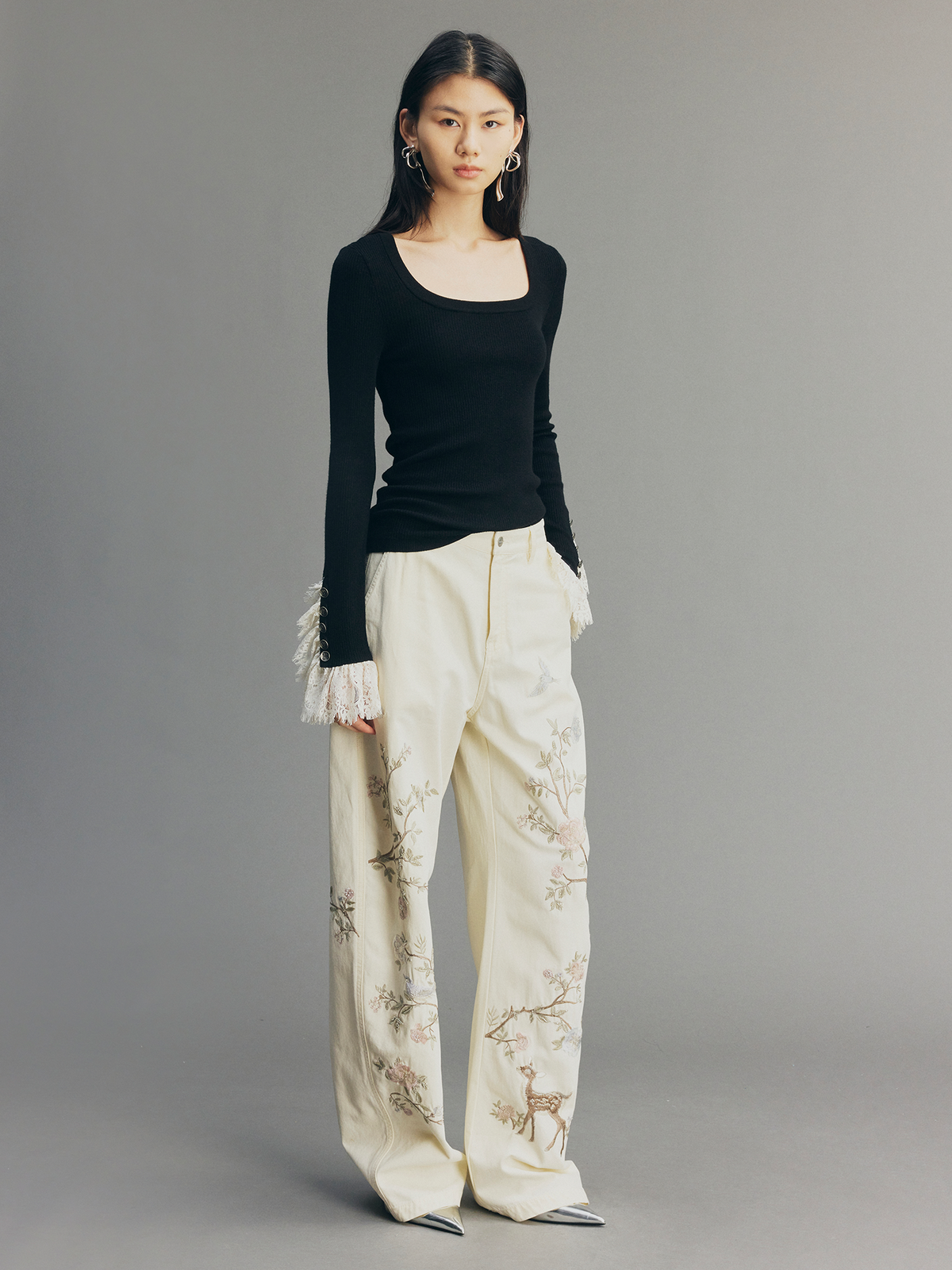 Beaded Floral Deer Washed Utility Jeans