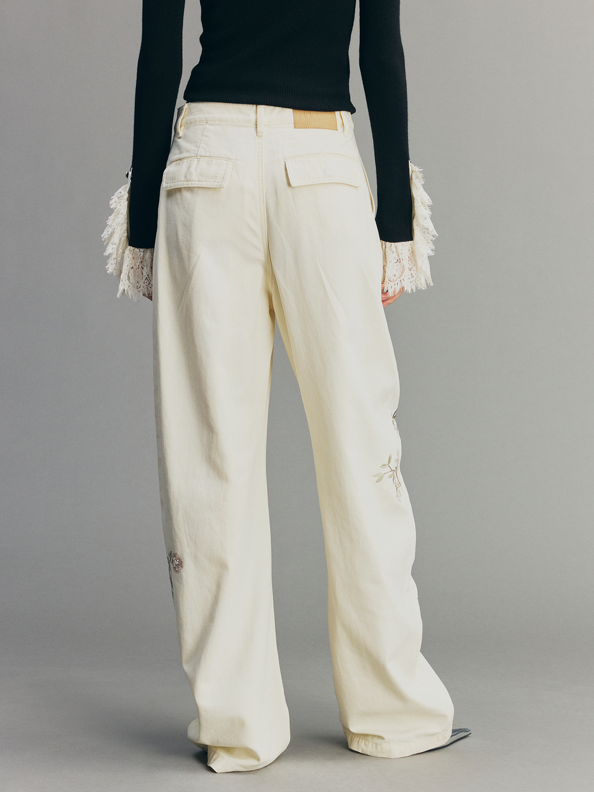 Beaded Floral Deer Washed Utility Jeans