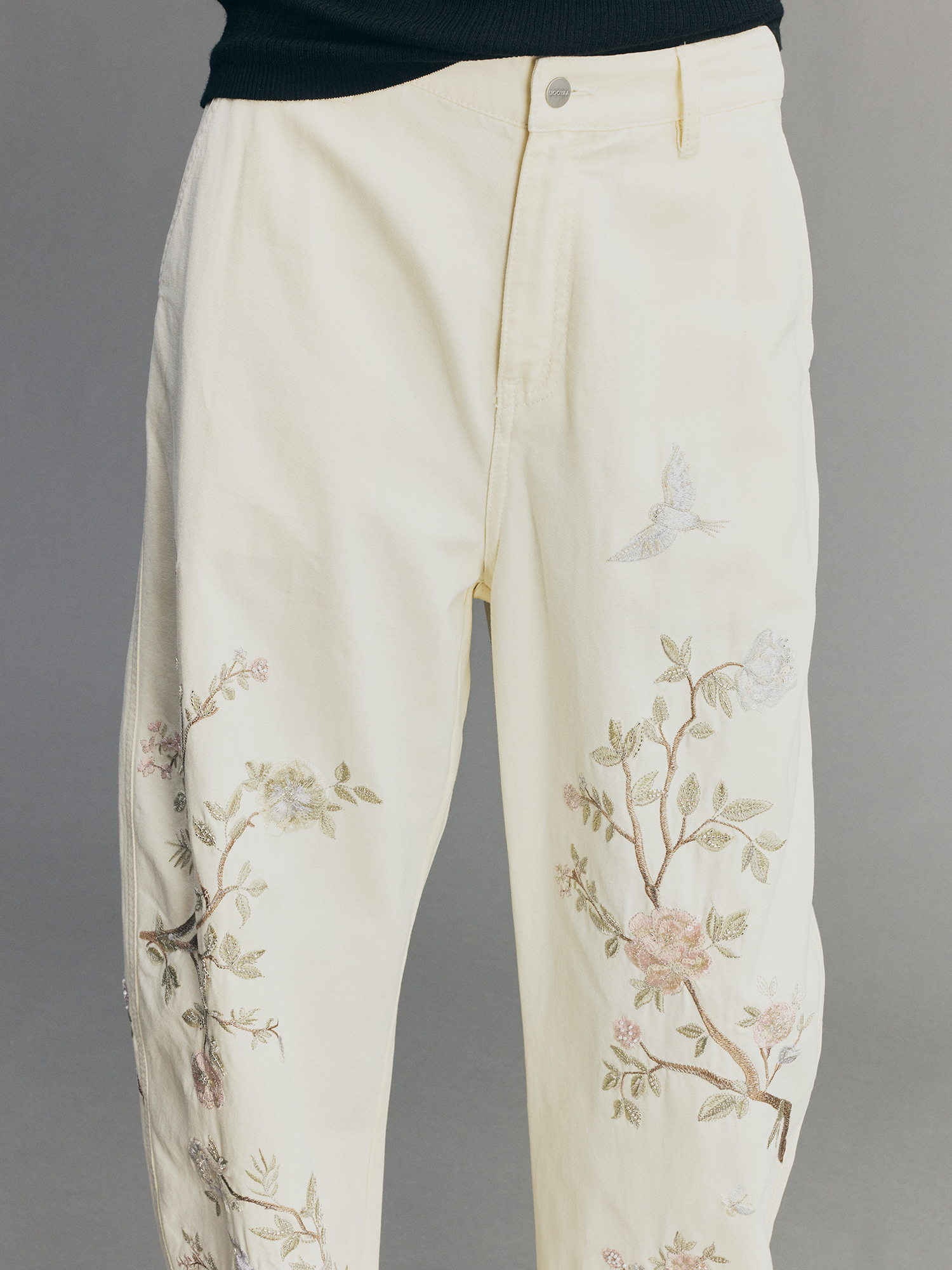 Beaded Floral Deer Washed Utility Jeans