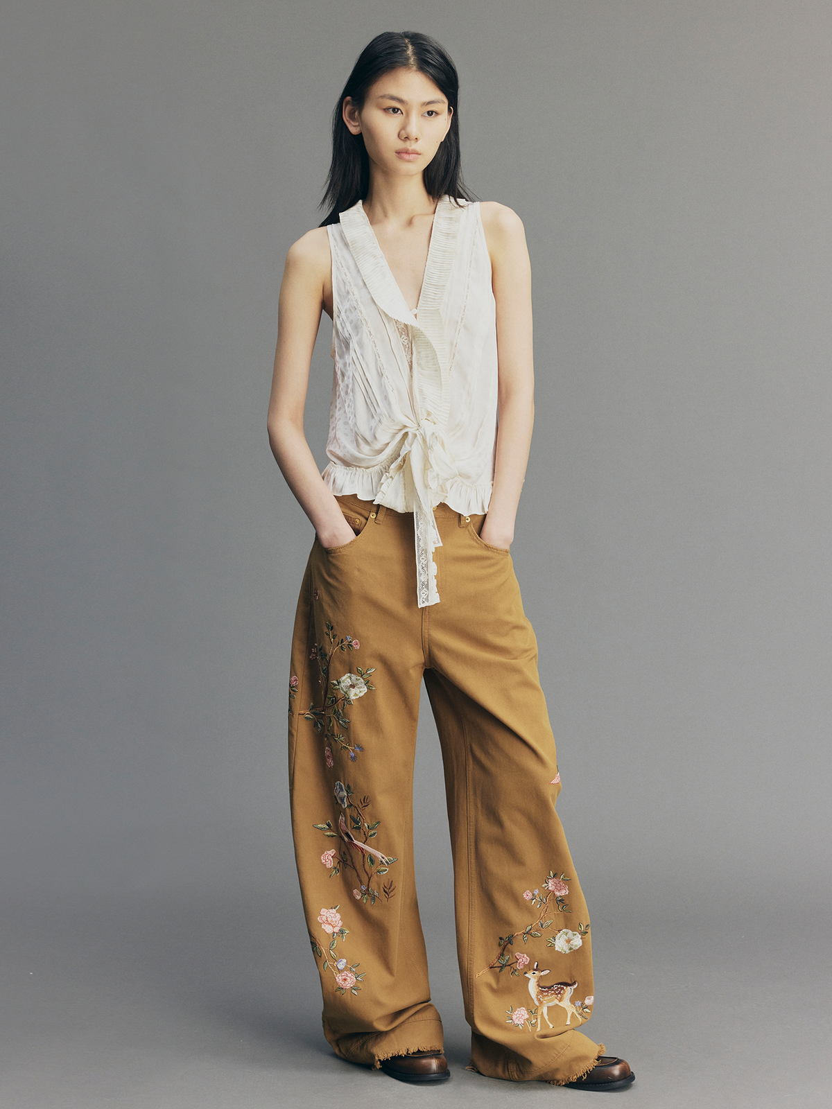 Beaded Floral Deer Embroidered Jeans