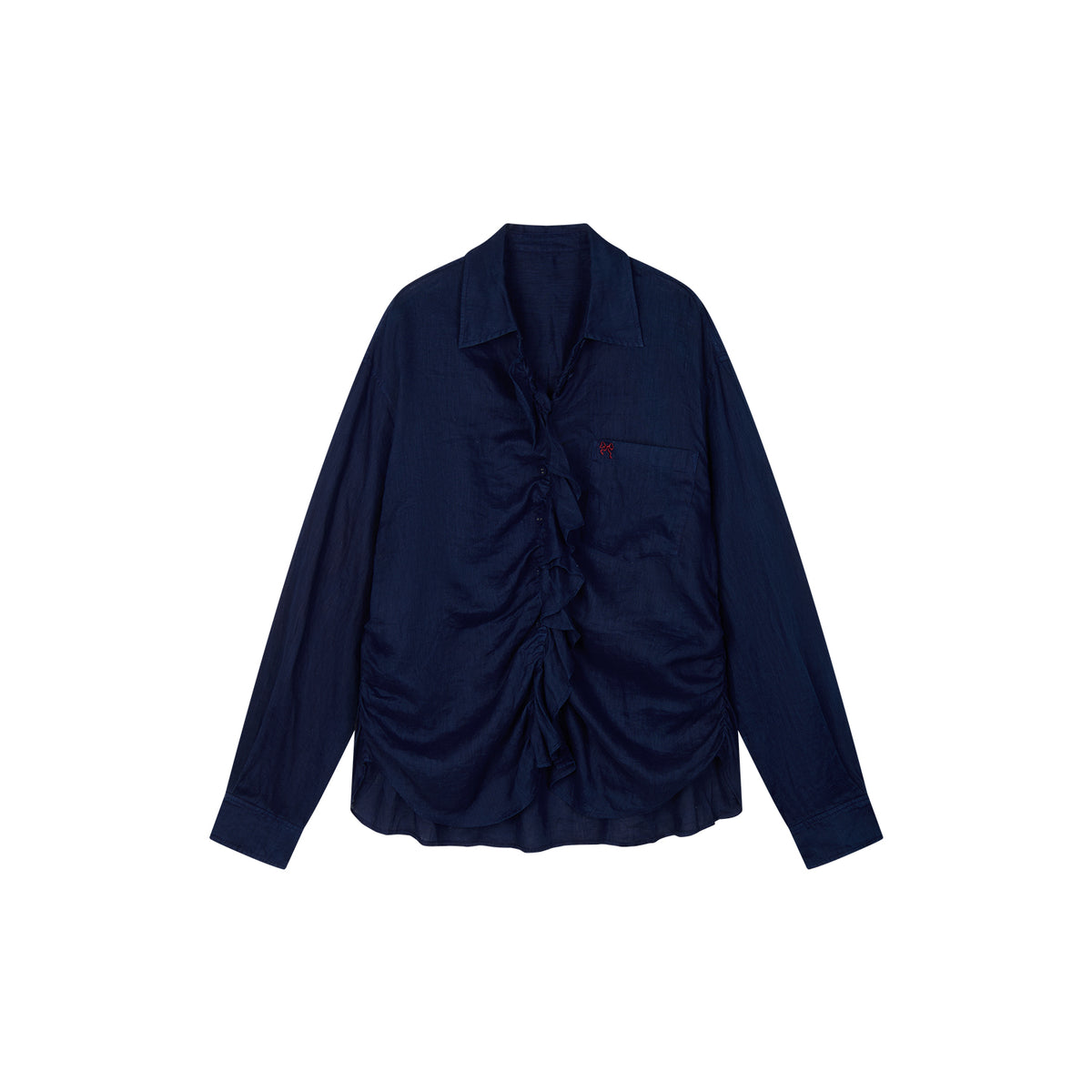 Indigo Ruffled Gathered Linen Shirt