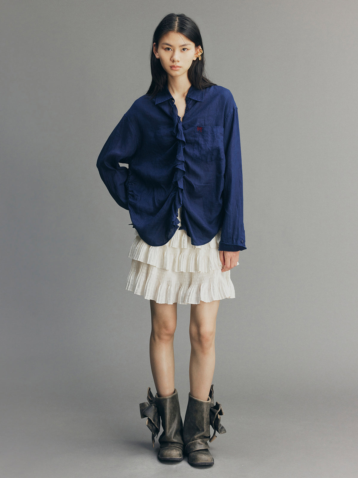 Indigo Ruffled Gathered Linen Shirt