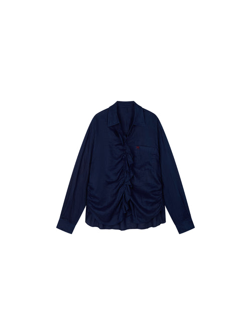 Indigo Ruffled Gathered Linen Shirt