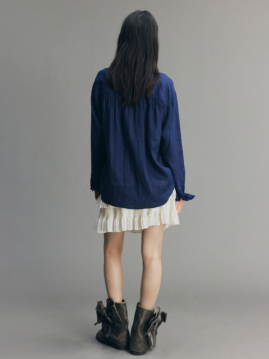 Indigo Ruffled Gathered Linen Shirt