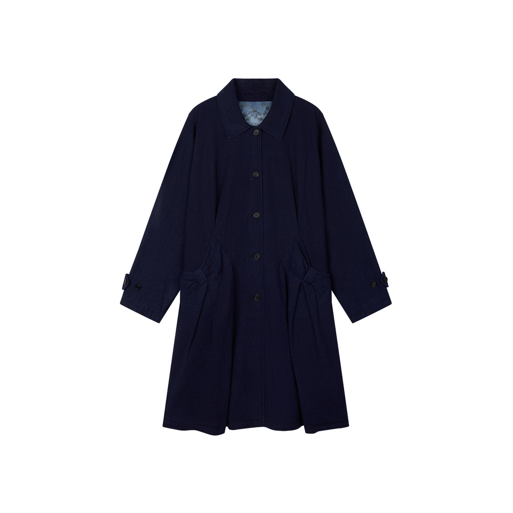 Handcrafted Indigo Bow Balmacaan Coat