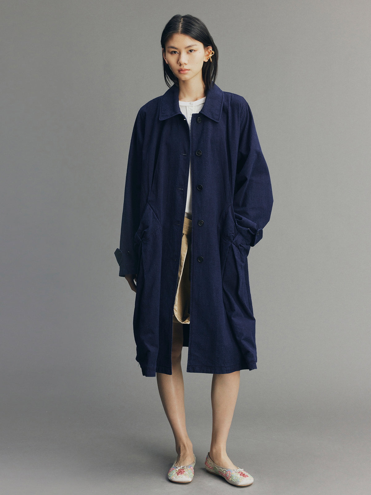 Handcrafted Indigo Bow Balmacaan Coat