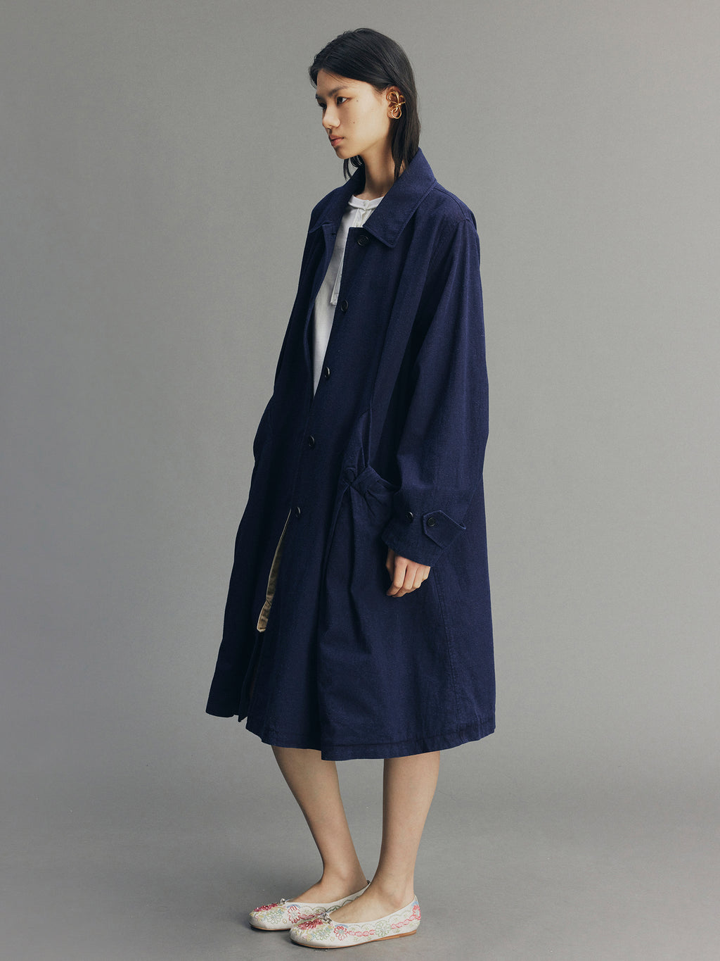 Handcrafted Indigo Bow Balmacaan Coat