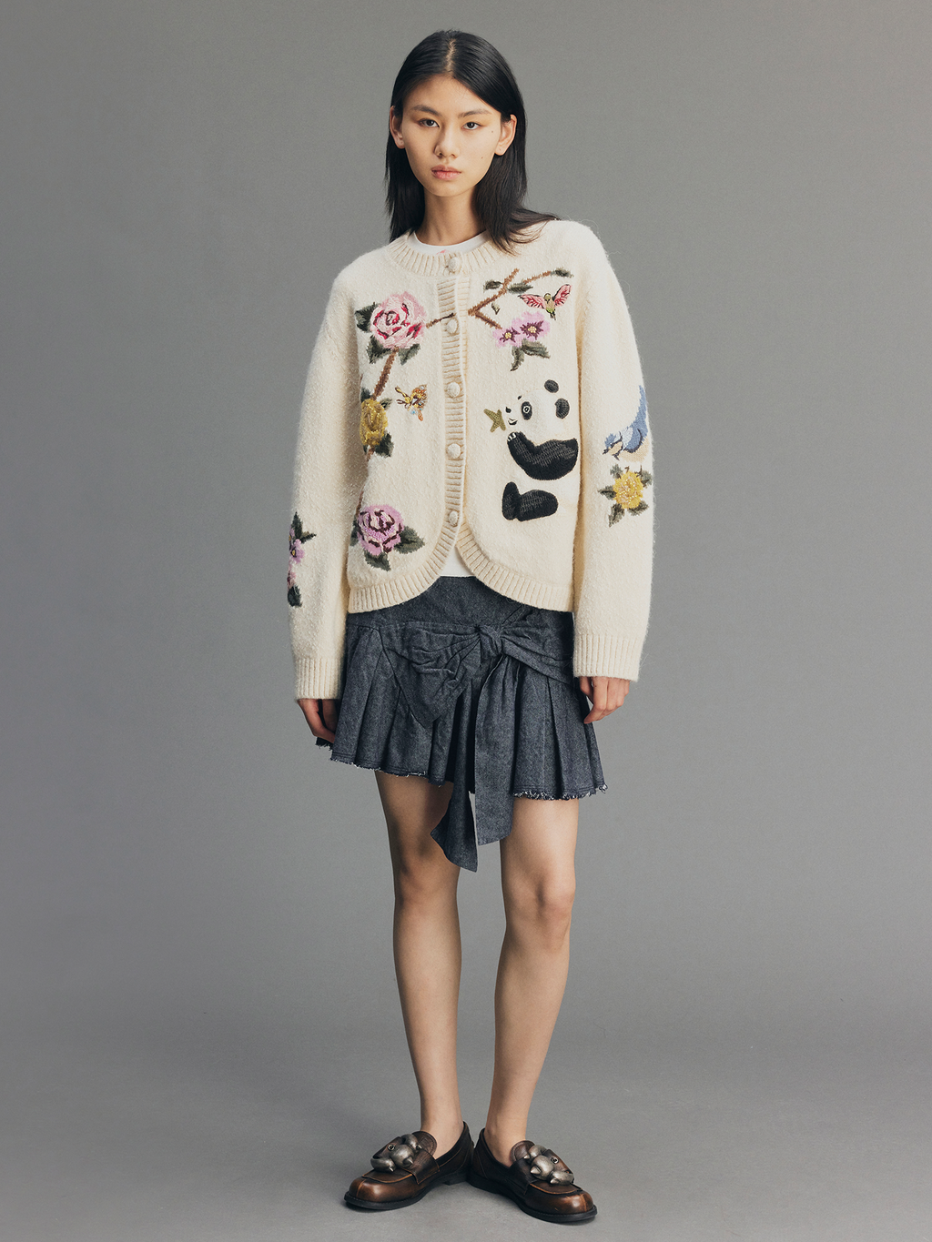 Beaded Crocheted Panda Floral Cardigan