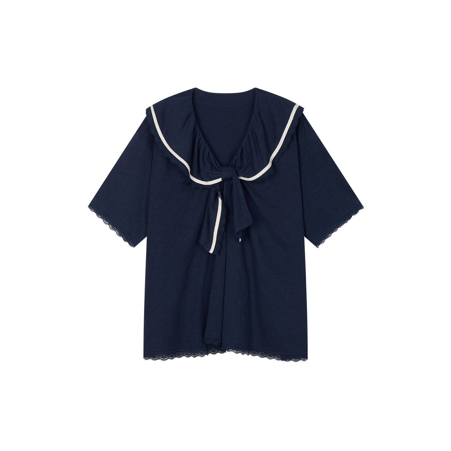 Bow Ruffle Sailor-Collar T-Shirt
