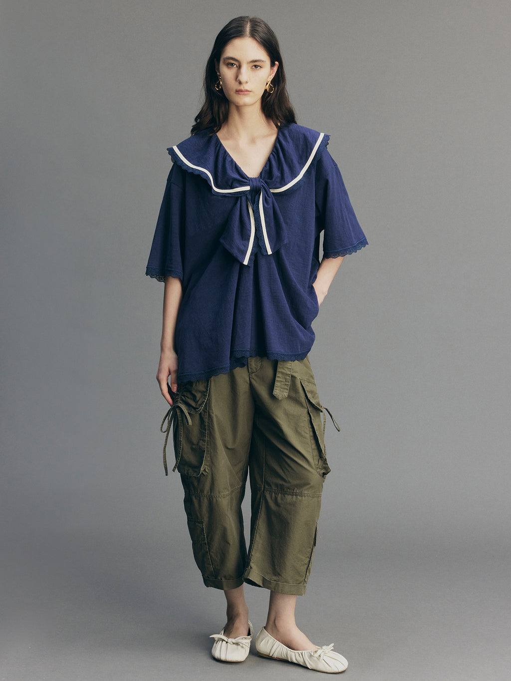 Bow Ruffle Sailor-Collar T-Shirt