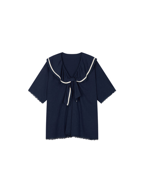 Bow Ruffle Sailor-Collar T-Shirt