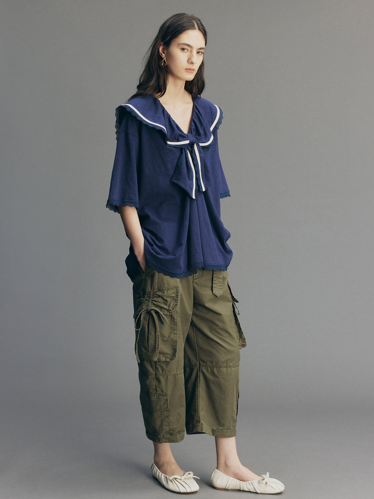 Bow Ruffle Sailor-Collar T-Shirt