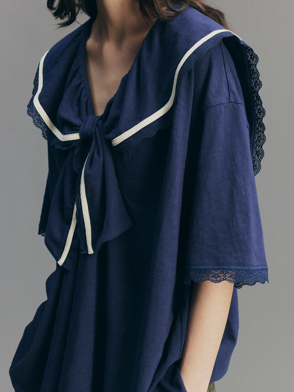 Bow Ruffle Sailor-Collar T-Shirt