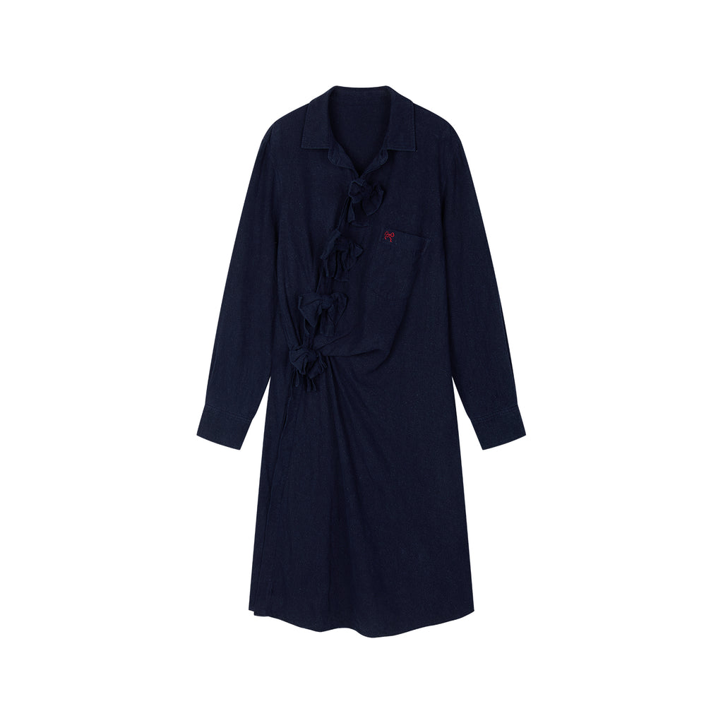 Indigo Bow Asymmetric Shirt Dress