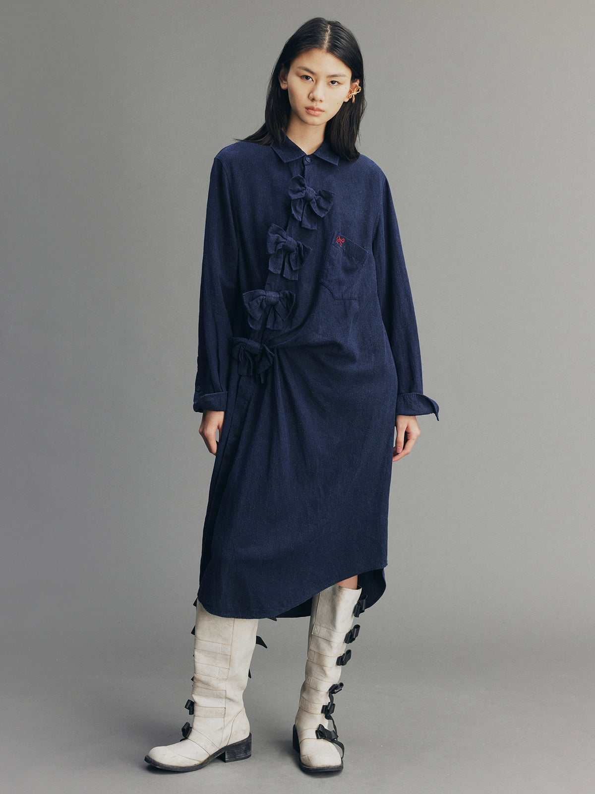 Indigo Bow Asymmetric Shirt Dress