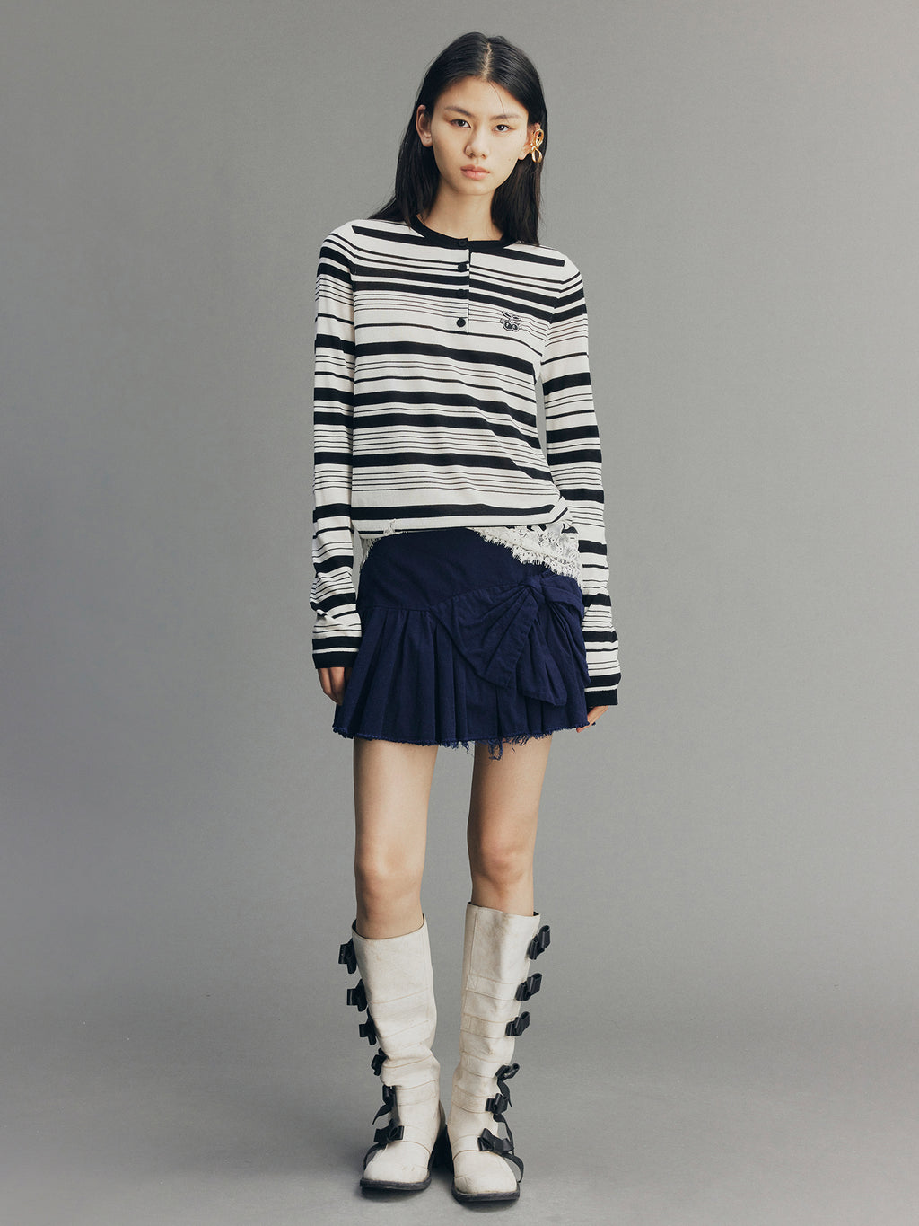Hand-Pleated Indigo Bow A-Line Skirt