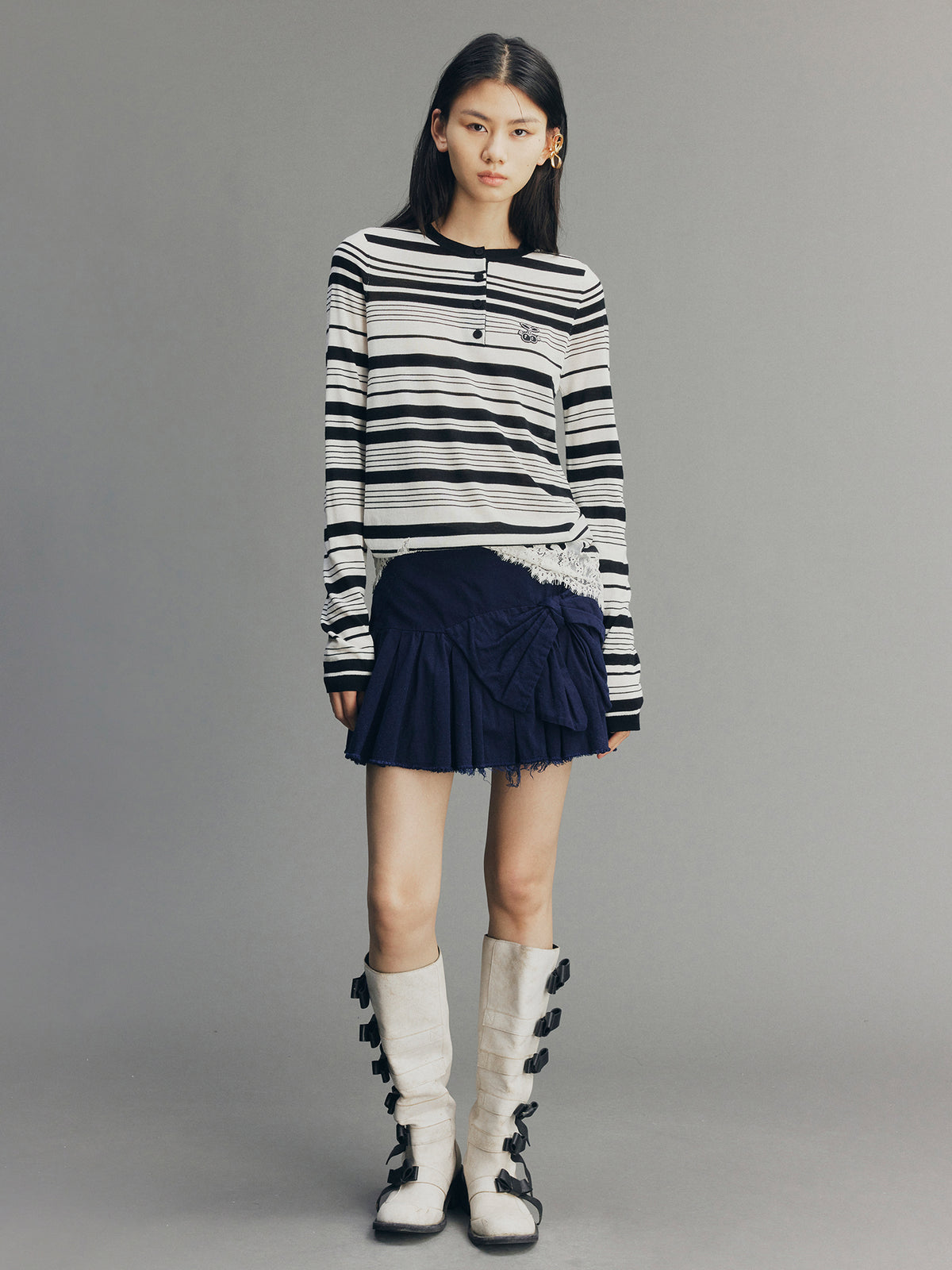 Hand-Pleated Indigo Bow A-Line Skirt