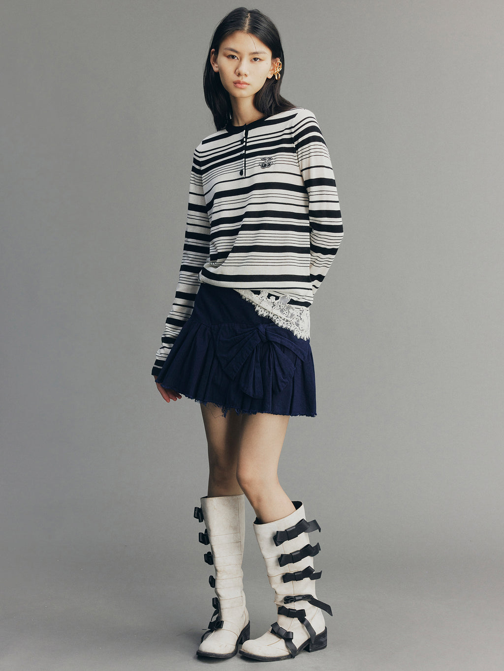 Hand-Pleated Indigo Bow A-Line Skirt