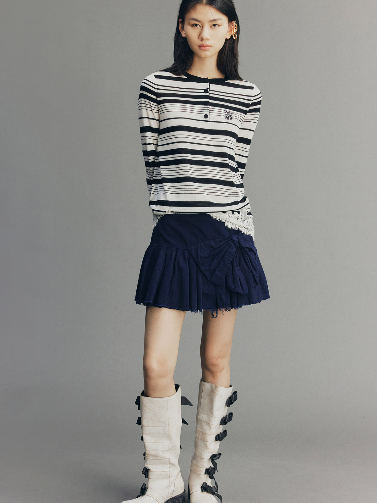Hand-Pleated Indigo Bow A-Line Skirt