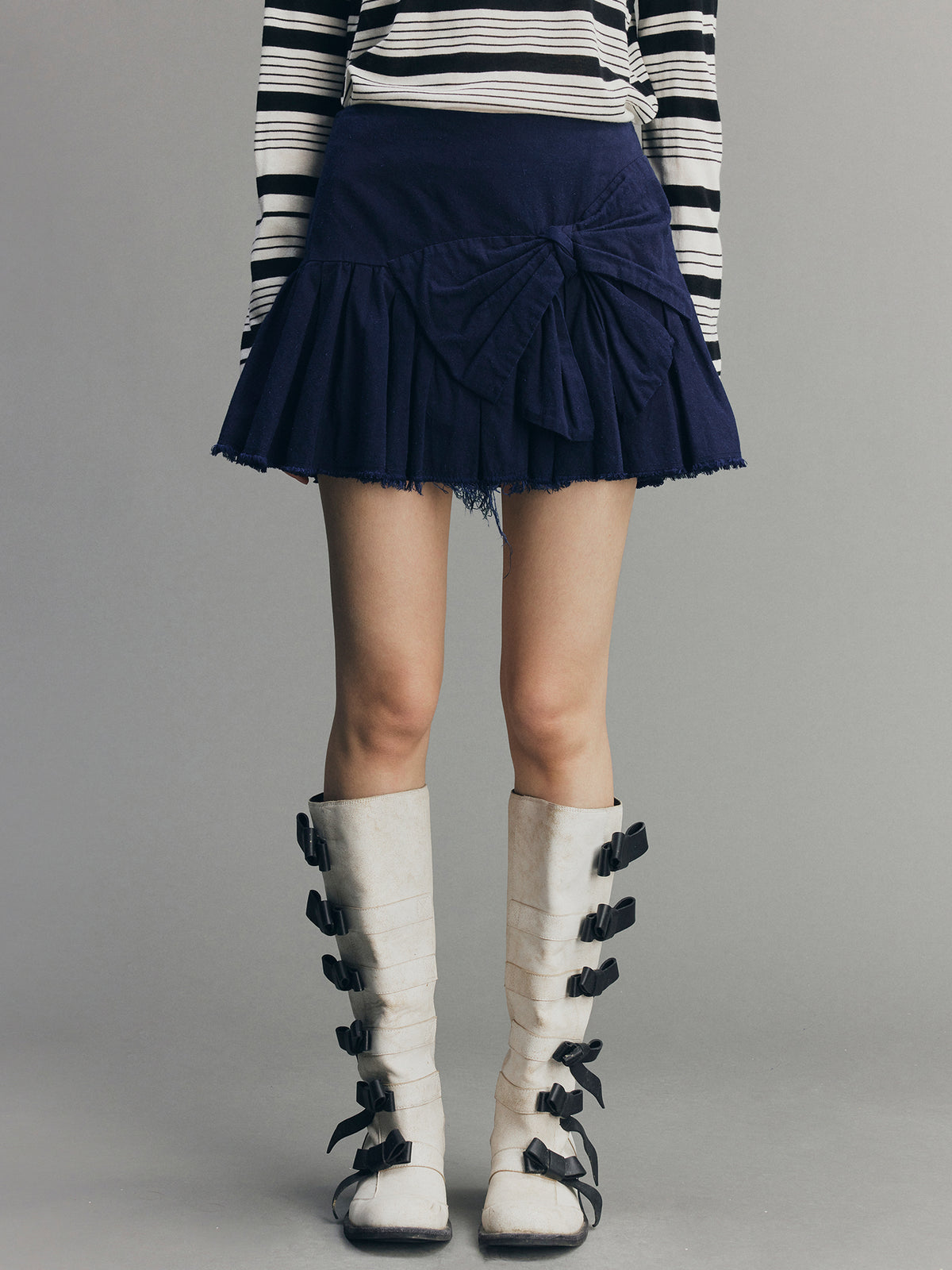 Hand-Pleated Indigo Bow A-Line Skirt