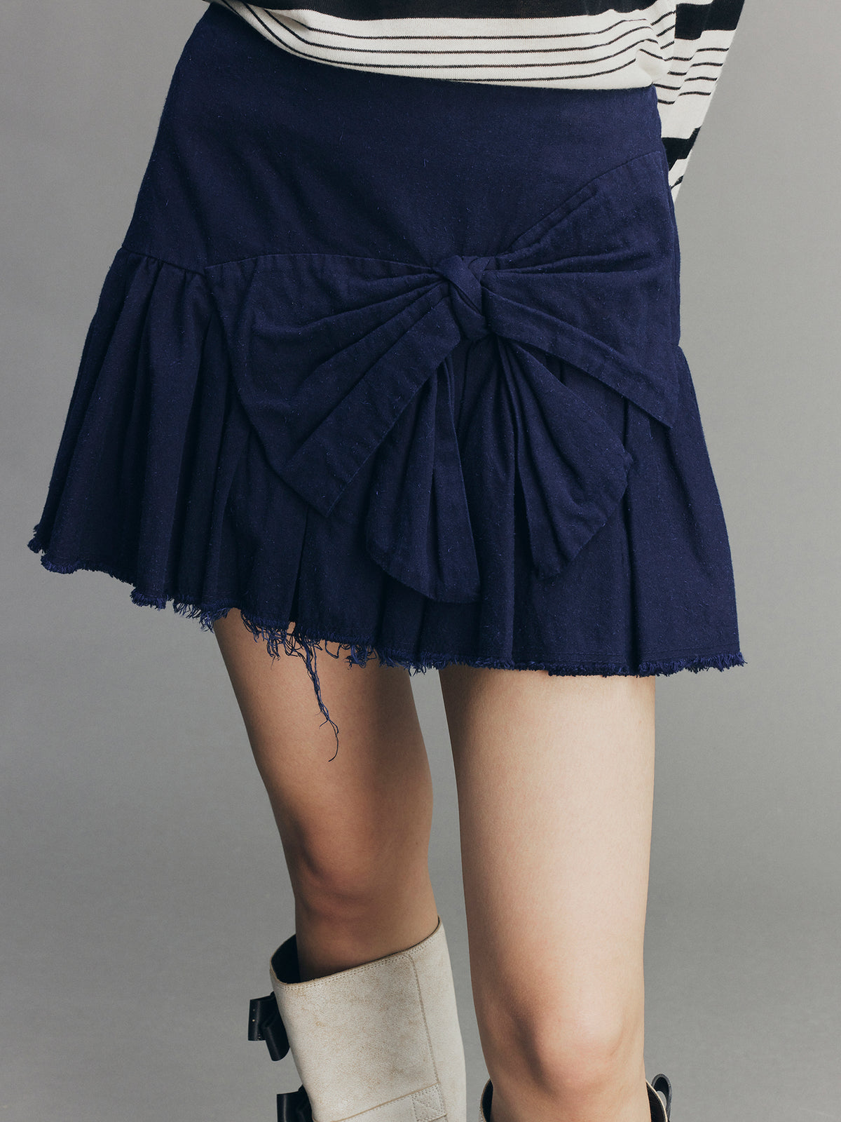 Hand-Pleated Indigo Bow A-Line Skirt