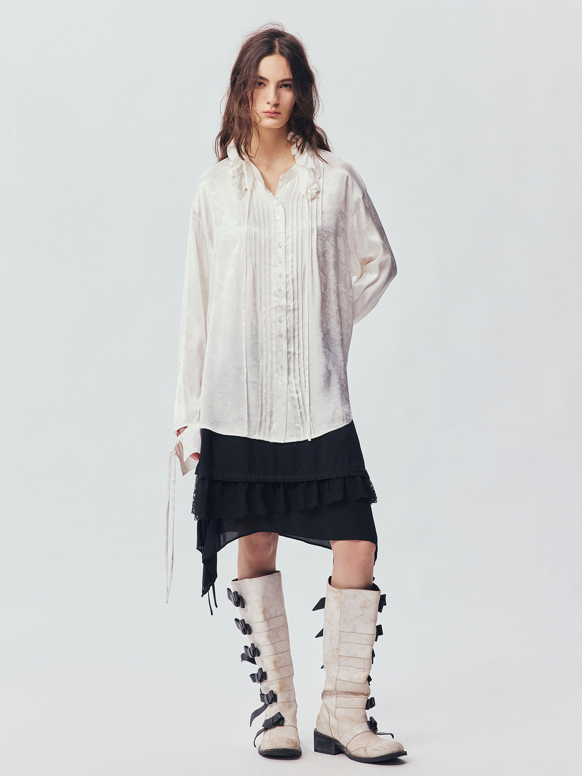 Ruffled Tie Neck Shirt