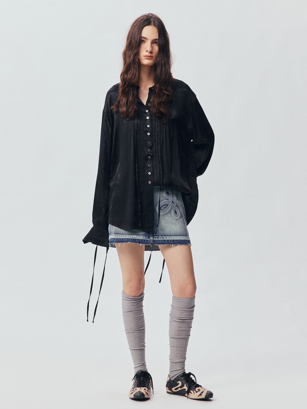 Bear Jacquard Ruffled Satin Shirt