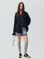 Bear Jacquard Ruffled Satin Shirt