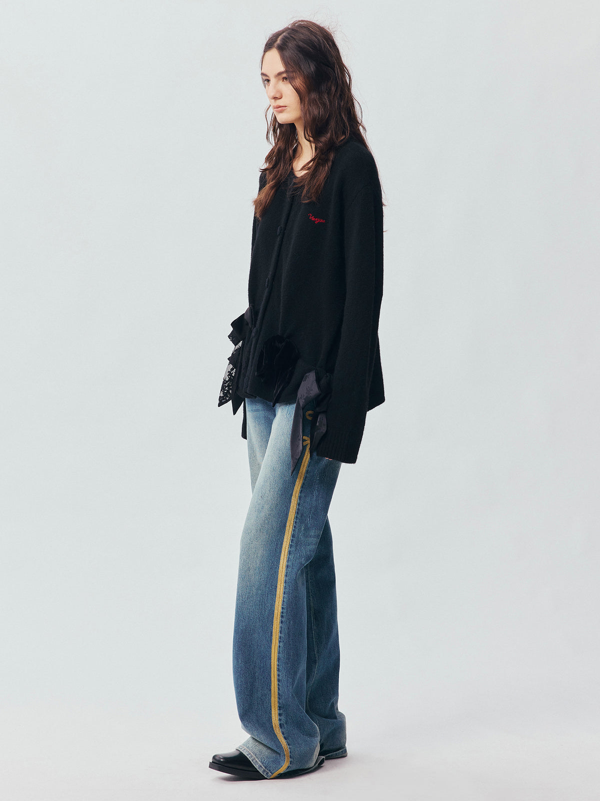 Mixed Material Bow Knit Cardigan