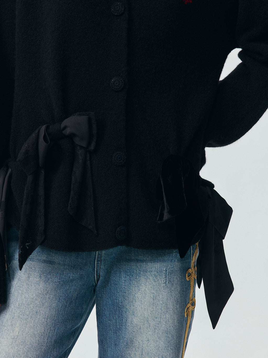 Mixed Material Bow Knit Cardigan