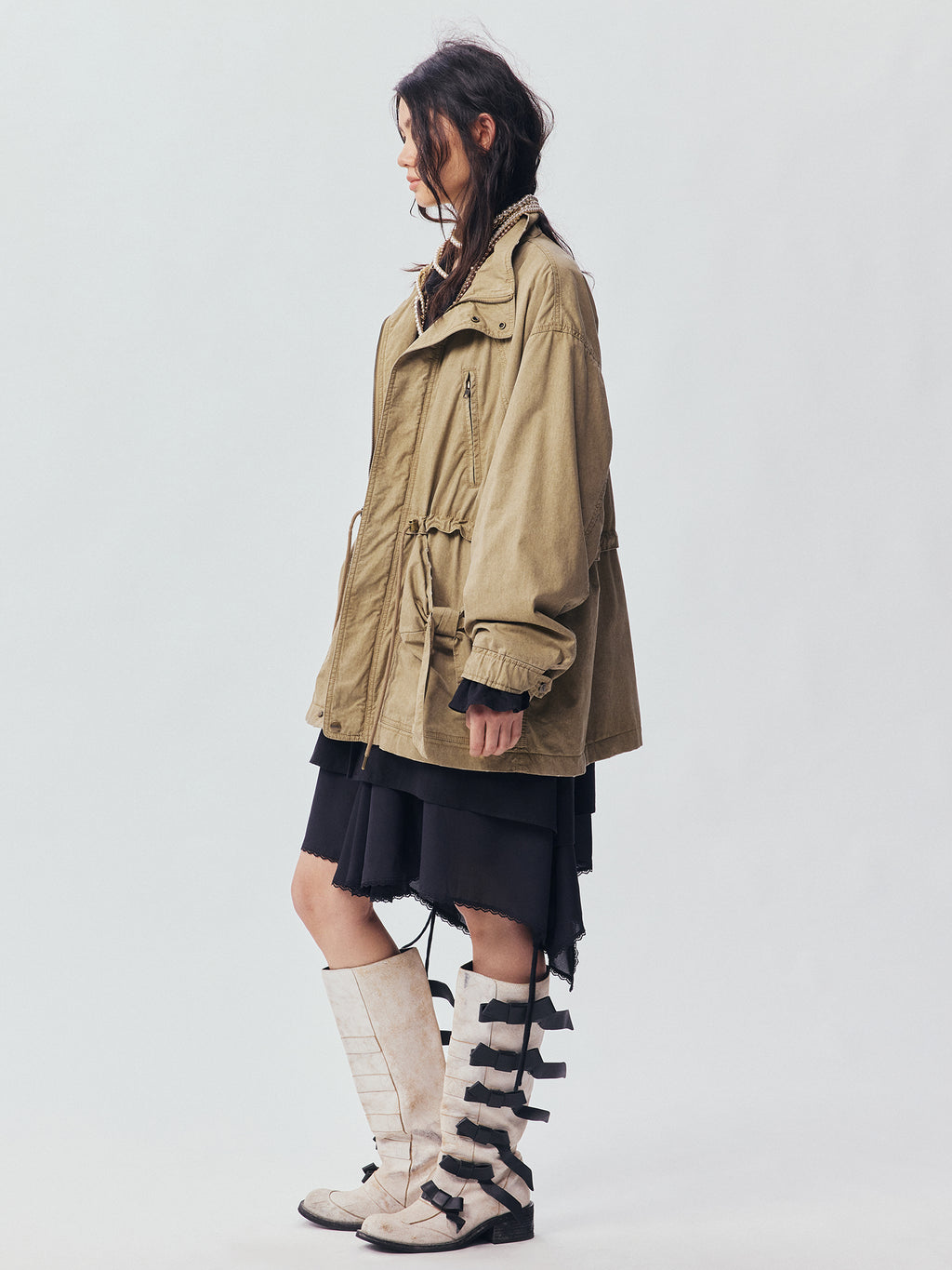 Washed Bow Pocket Padded Parka