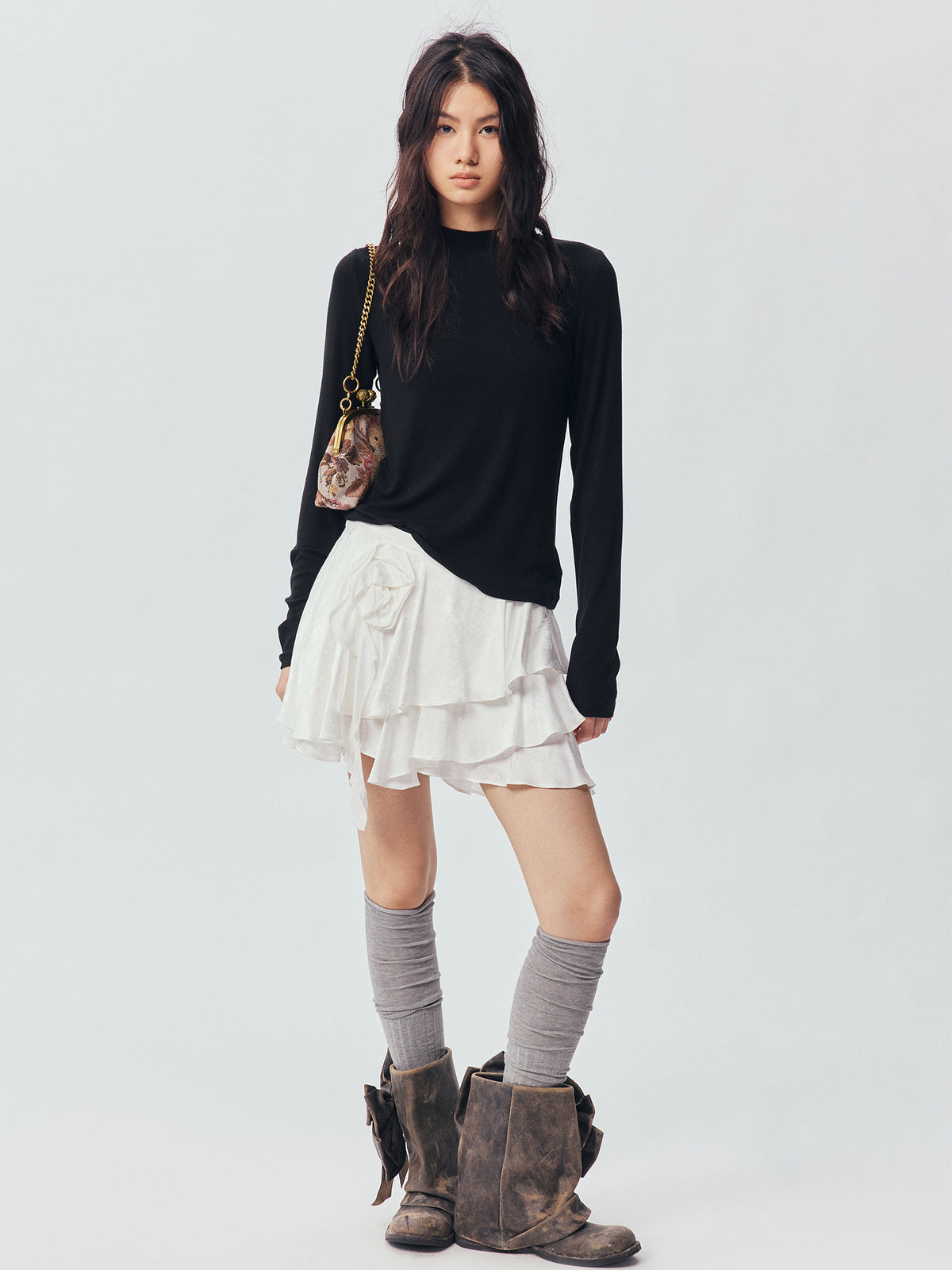 Sculpted Flower Tiered Satin Mini Skirt