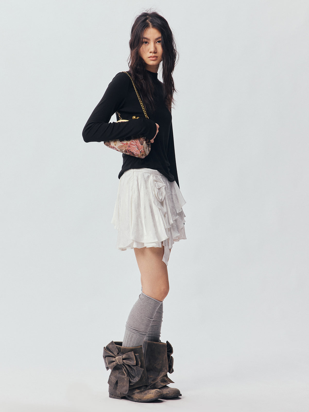 Sculpted Flower Tiered Satin Mini Skirt