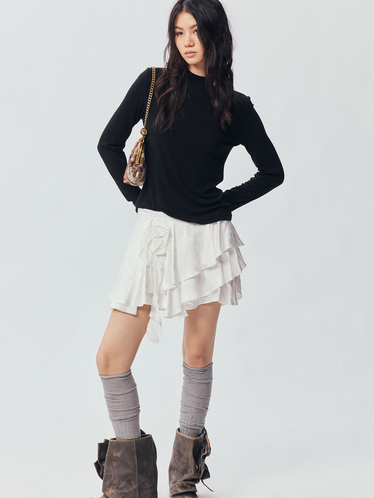 Sculpted Flower Tiered Satin Mini Skirt