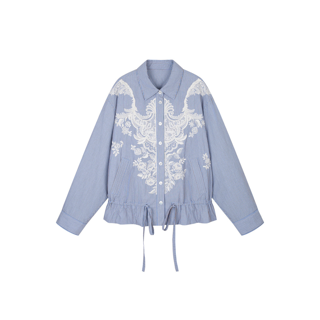 Lace Embroidered Striped Padded Shirt Jacket